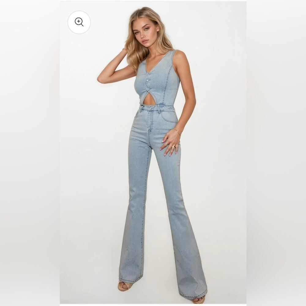Wisteria Lane denim cut out sleeveless high waist bootcut jumpsuit